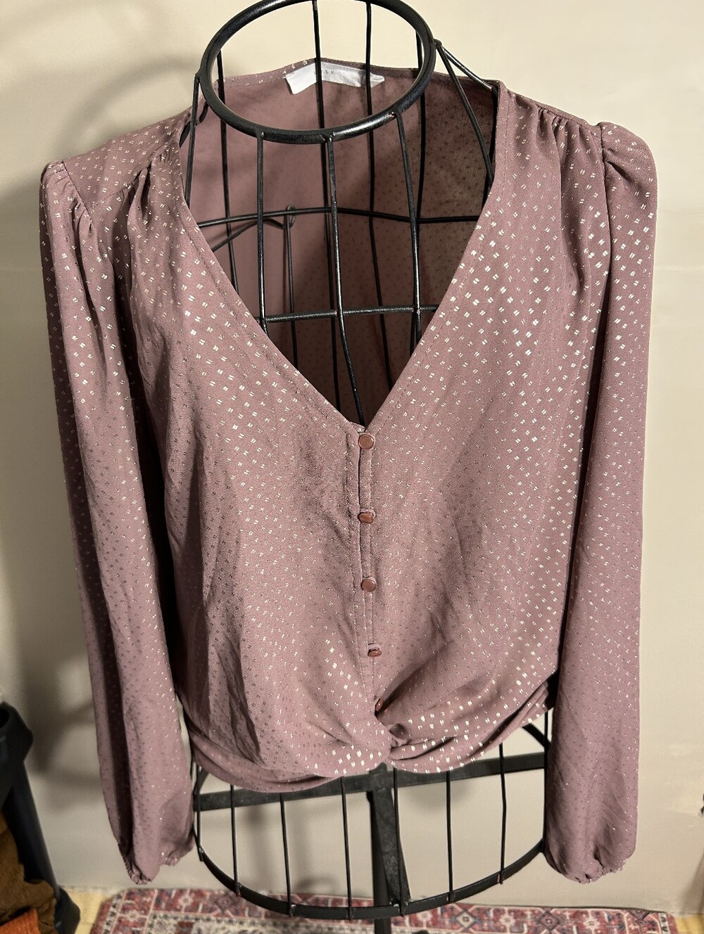 LUSH size medium womens shirt blouse long sleeved gold print pink